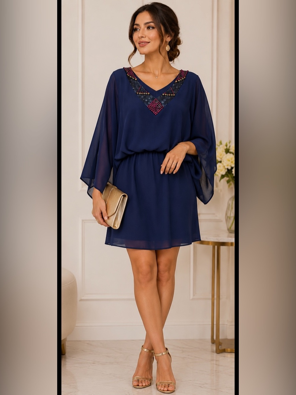 miami Navy V-Neck Embellished Chiffon Tunic Top